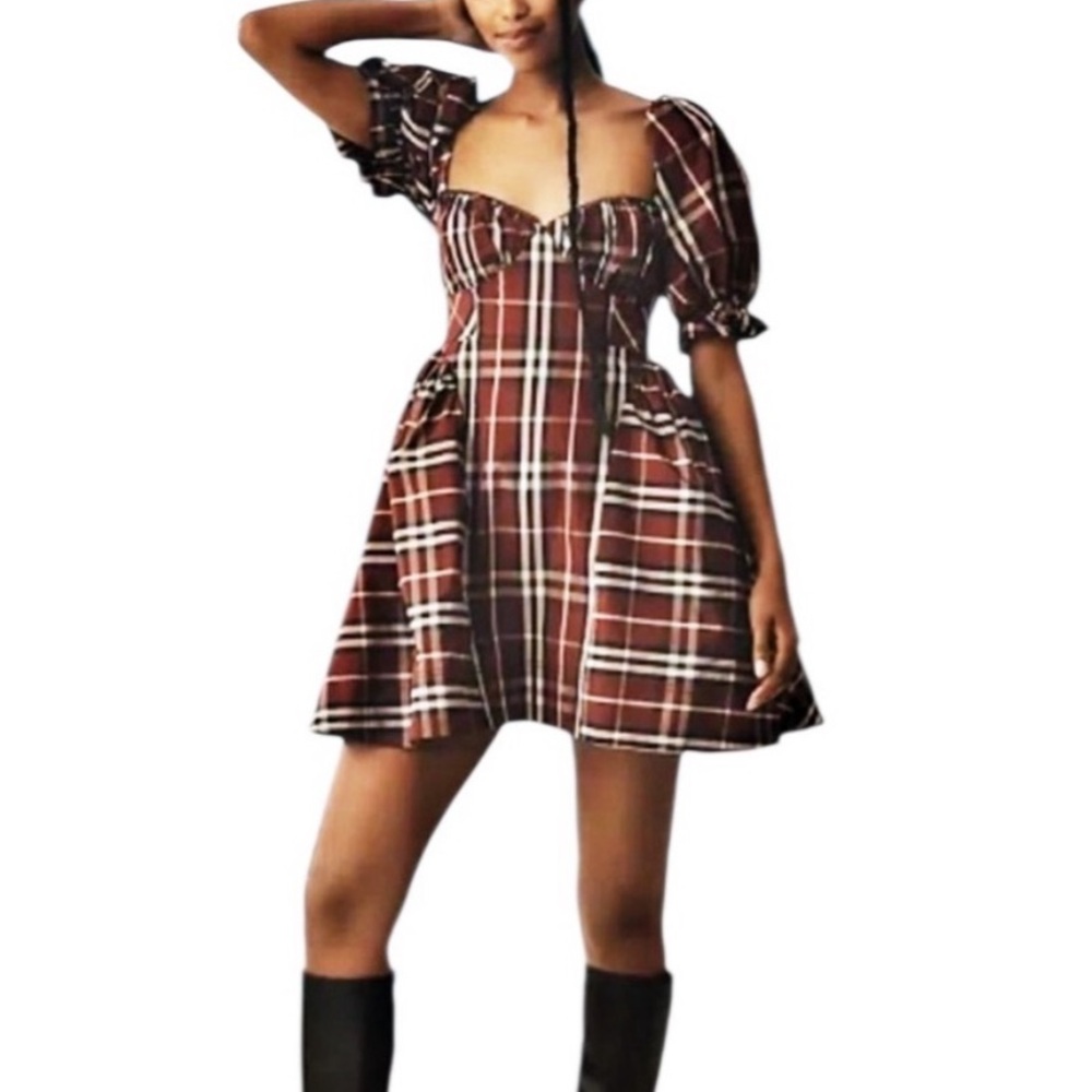 New Anthropologie Maeve Maroon Plaid Tartan Buffalo Holiday Winter Mini Dress XS